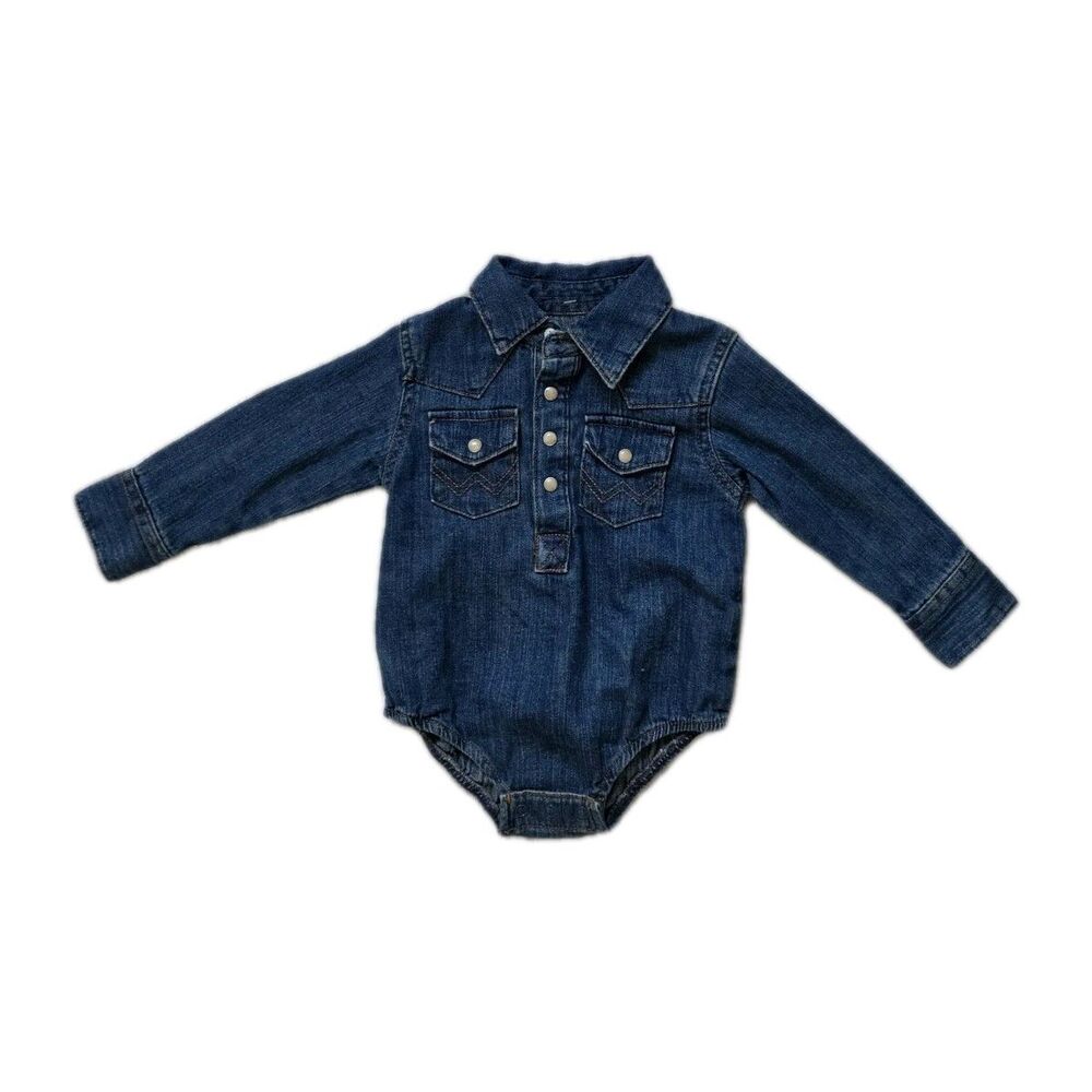 Wrangler Baby Denim Western Bodysuit 0-3 Months Pearl Snap Front Cowboy Romper